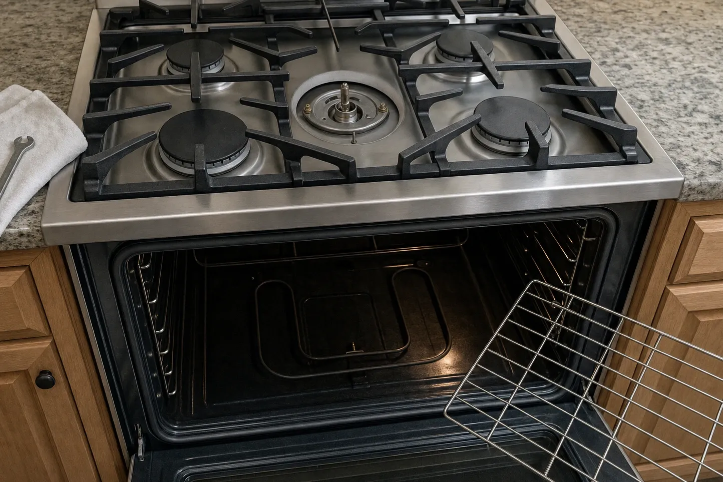 Stainless gas range with the centre burner stripped down to its base and the oven door standing open below