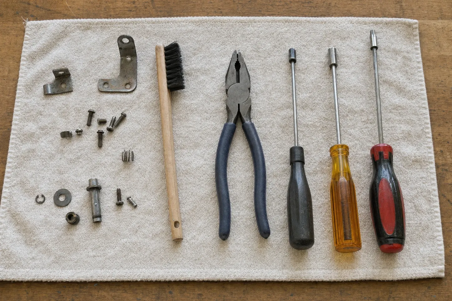 Wire brush, pliers and three drivers set out on a towel with brackets, screws and a spring