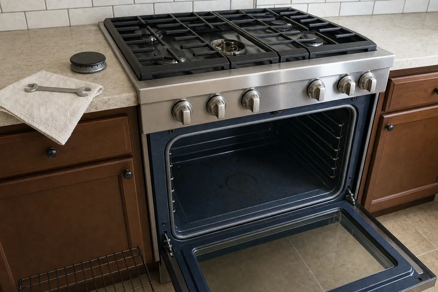 Range oven with the door swung fully open on an empty cavity and a rack lifted out onto the floor