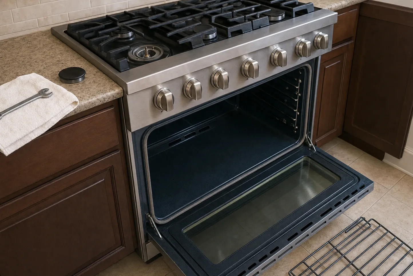 Professional gas range with cast-iron grates, one burner cap off on the counter and the oven door open