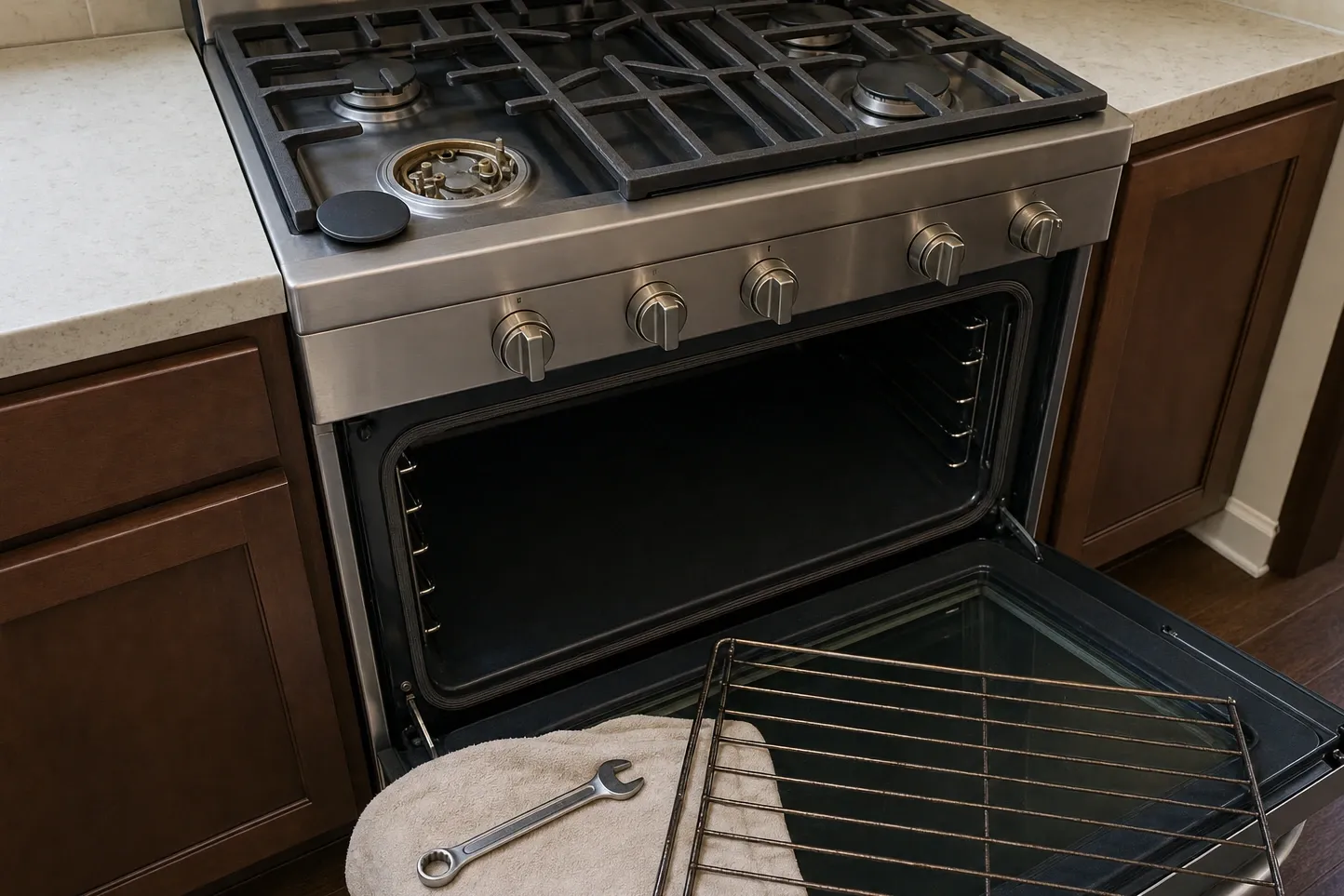 Stainless gas range with a burner head bare and the oven open, a rack propped in front with a towel and wrench on it